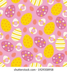 Easter seamless pattern with polka dot and floral eggs on pink background. Scandinavian style. Perfect for holiday invitations, spring greeting cards, wallpaper and gift paper