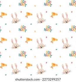 Easter seamless pattern with a print of cute rabbits, chic with eggs and the text Egg Hunt. Festive pattern for fabric, wrapping paper, childrens clothing. Vector illustration.