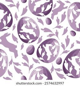 Easter seamless pattern with purple Easter eggs with a shadow of a rabbit jumping and a shadow of a rabbit and purple leaves arranged randomly