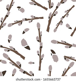 Easter seamless pattern with pussy willow twigs isolated on white background. Cute kids print. Vector cartoon stock illustration. Season child textile design. Design wallpaper, wrapping paper, fabric.