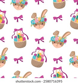 Easter seamless pattern with rabbit ,basket , eggs. Cute characters decorated with floral wreath. White background with bow. Colorful designs for textile,wallpaper,cover. Vector illustration.