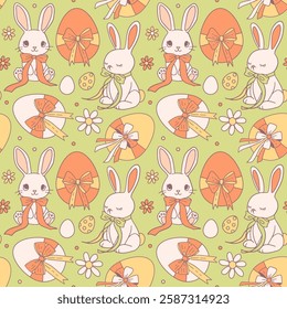 Easter seamless pattern with rabbit bunny, eggs with coquette bows for greeting card, banners, web, wrapping paper, fashion, fabric, textile, wallpaper, cover. Contour vector illustration,
