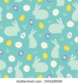 Easter seamless pattern with rabbit, chamomile, eggs, leaves on turquoise background. Scandinavian style. Perfect for holiday invitations, spring greeting cards, wallpaper and gift paper