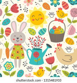 Easter seamless pattern with rabbit and chicken - vector illustration, eps