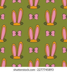 Easter seamless pattern. Rabbit ears popped out of a hole. Cute bow tie. Retro cartoon style. Trippy hippie aesthetic. 