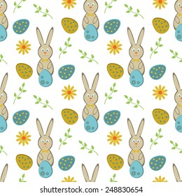 Easter seamless pattern, rabbit, eggs, flowers. Vector background. Can be used for tissue, paper, website background.