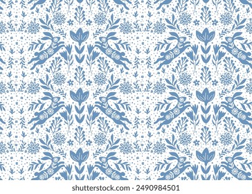 Easter Seamless Pattern Rabbit with Flower Background, Spring Bloomy flourish garden vector seamless rabbit stripes floral pattern on blue background.