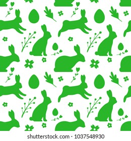 Easter seamless pattern, rabbit, hare, vector illustration, flat silhouette, flowers, twigs, egg, green, white
