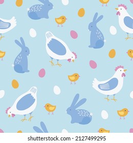 Easter seamless pattern with rabbit, hen, chicken, eggs on light blue background. Perfect for spring and summer greetings, wallpaper, wrapping paper, fabric. Vector illustration