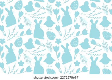 easter seamless pattern with rabbits, baby chickens and floral elements - vector illustration