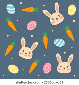 easter seamless pattern with rabbits, easter seamless background with bunnies, set of easter elements