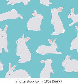 Easter seamless pattern with rabbits. Bunnies silhouettes vector illustration on a blue background. Animal ornament.