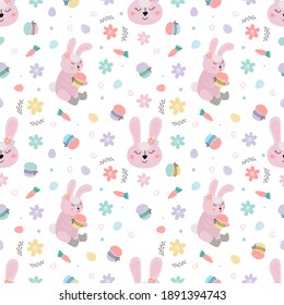 Easter seamless pattern with rabbits, cakes, eggs, willow. Easter bunnies decorate Easter cakes and steal eggs.hand drawn vector illustration. Easter background