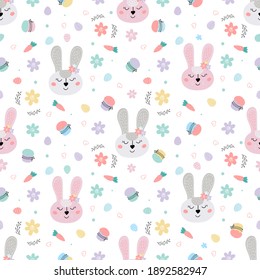 Easter seamless pattern with rabbits, cakes, eggs, willow. Cute Easter bunnies. Hand-drawn flat vector illustration.