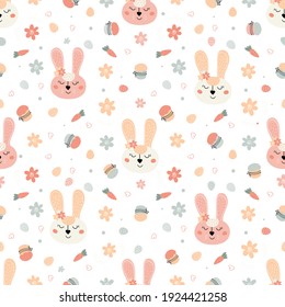 Easter seamless pattern with rabbits, cakes, eggs, willow. Cute Easter bunnies pattern. Hand-drawn flat vector illustration.