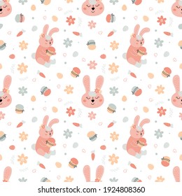 Easter seamless pattern with rabbits, cakes, eggs, willow. Cute Easter bunnies pattern. Hand-drawn flat vector illustration.