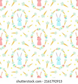 Easter seamless pattern with rabbits, carrots and flowers on a transparent background. Vector hand-drawn illustration of bunny for spring holiday, print, wrapping paper, textile, child, scrapbook