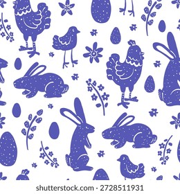 Nahtloses Ostermuster mit Kaninchen, Hühnern, Küken, Eiern und Blumen im handgezeichneten Volkskunststil. Frühlingsferien folkloristischen Illustration Textur für Design und Druck.
