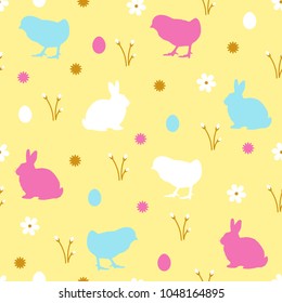 Easter seamless pattern with rabbits, chicks, flowers and eggs, vector background eps 10