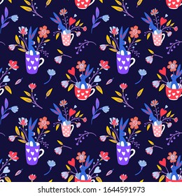 Easter seamless pattern. Rabbits in cups with hearts and flowers. Romantic ornament with cute bunnies. Also great for Valentine's Day.