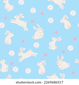 Easter seamless pattern with rabbits, daisy flower and hearts. Vector illustration in flat style. Pattern in swatches.