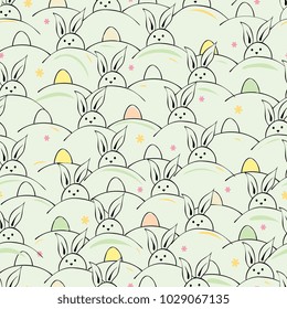 Easter seamless pattern with rabbits and eggs. Hand drawing