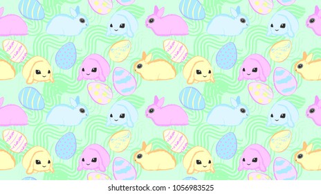 Easter seamless pattern with rabbits and eggs. Vector illustration