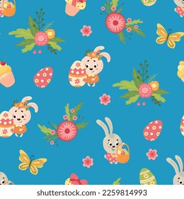 Easter seamless pattern. Rabbits, eggs, flowers. Design for fabric, textile, wallpaper, packaging.