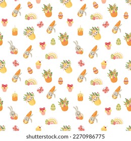 Easter seamless pattern. Rabbits, eggs, flowers. Design for fabric, textile, wallpaper, packaging.	