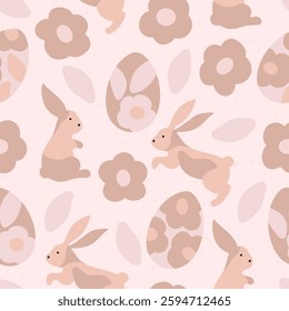 Easter seamless pattern with rabbits, eggs and flowers. Modern groovy beige background. Fabric textile print. Surface cover design.