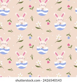 Easter seamless pattern with rabbits in eggshells and flowers. Festive hand drawn background. Suitable for Easter cards, banner, textiles, wallpapers. Vector illustration.