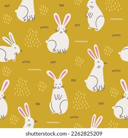 Easter seamless pattern with rabbits and grass on yellow background. Perfect for greeting card, holiday decoration, wallpaper, wrapping paper, fabric. Vector illustration