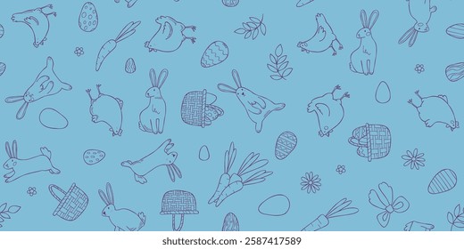 Easter seamless pattern with rabbits, hens, florals, eggs and carrot. Good for fabric, background, postcards. Cartoon funny animals in pastel colours