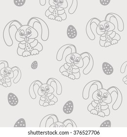 Easter seamless pattern rabbits holding eggs gray