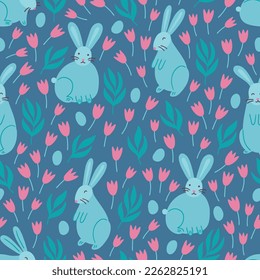 Easter seamless pattern with rabbits, leaves and tulips on blue background. Perfect for greeting card, holiday decoration, wallpaper, wrapping paper, fabric. Vector illustration