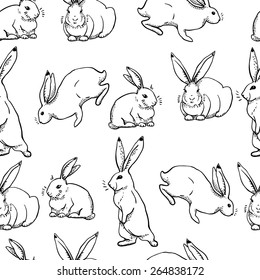 Easter seamless pattern with rabbits, monochrome