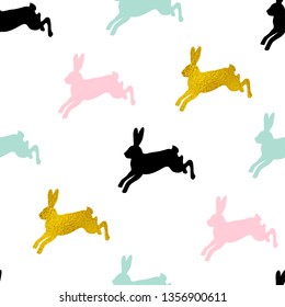 Easter seamless pattern with rabbits on a white background. Vector illustration.