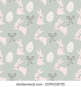 Easter seamless pattern with rabbits, quail eggs and bow knots. Modern retro background. Fabric textile print. Surface cover design.
