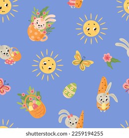 Easter seamless pattern. Rabbits, sun, butterflies. Design for fabric, textile, wallpaper, packaging.	