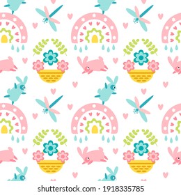 Easter seamless pattern with rainbow, dragonfly, bunny, heart, basket, flower isolated on white background. Vector flat illustration. Design for textile, wrapping, wallpaper, backdrop