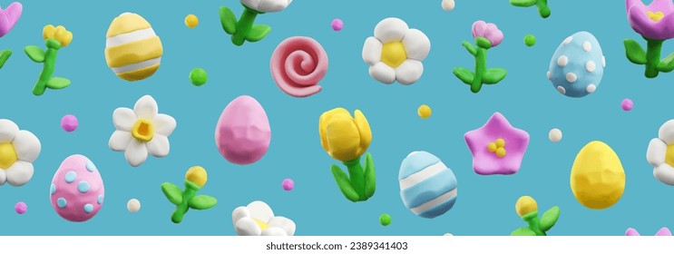 Easter seamless pattern, realistic 3D vector illustration. Cute background for spring design. Different cartoon flowers and colorful Easter eggs on blue. Decoration element in plasticine art