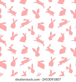 Easter seamless pattern of red rabbit silhouettes in different actions. Festive Easter bunnies design. Isolated on white background. For Easter decoration, wrapping paper, greeting, textile, print