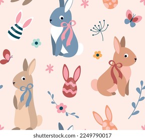Easter seamless pattern. Repeating design element for printing on fabric. Nature and wildlife. Spring holiday, culture and traditions, religion. Rabbits and flowers. Cartoon flat vector illustration