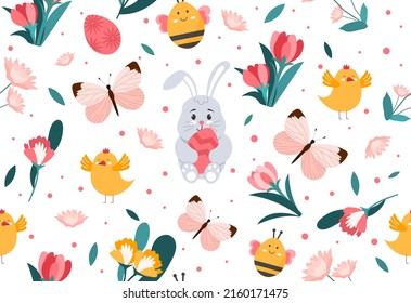 Easter seamless pattern. Repeating image for printing on wrapping paper for holidays. Rabbits, birds and flowers, insects and animals. Spring season, traditions. Cartoon flat vector illustration