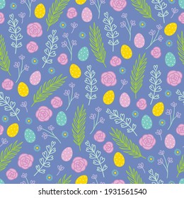 Easter seamless pattern with roses, leaves, eggs, branches, flowers on violet background. Scandinavian style. Perfect for holiday invitations, spring greeting cards, wallpaper and gift paper