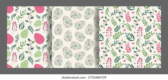 Easter Seamless Pattern Set with Abstract Eggs, Flowers, Leaves. Floral Seamless Pattern Background with Simple Botanical elements and Easter eggs. Vector Illustration Template for Holiday packaging