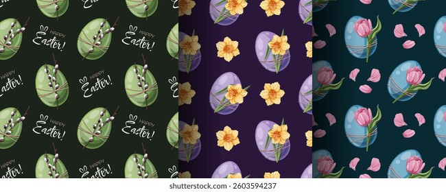 Easter Seamless Pattern Set with Colorful Eggs, Tulips, Daffodils and Willow Branches. Spring Floral Background for Textiles, Wallpaper, Wrapping Paper and Holiday Decor. Vector Illustration.
