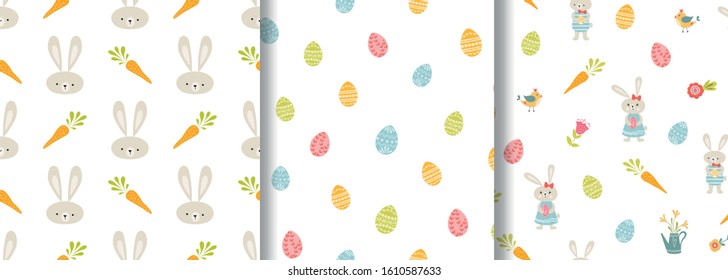 Easter seamless pattern set Easter eggs texture Background with easter eggs, bunny rabbits birds Collection design Vector