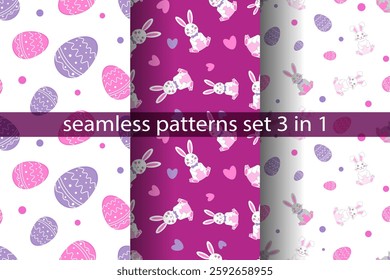 Easter seamless pattern set featuring bunnies, rabbits, and decorated eggs in vibrant colors and playful designs