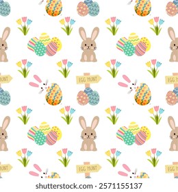 Easter seamless pattern in simple design. Easter eggs and cute bunny vector illustration in flat style. Happy Easter celebration, tradition. Design texture ideal for printing fabric and paper.